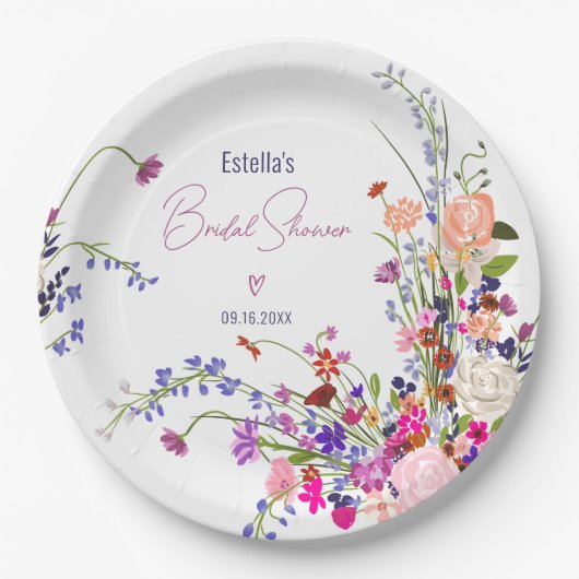 モダンなチックな野生の花のスクリプト ブライダル シャワー ペーパープレート (正面)