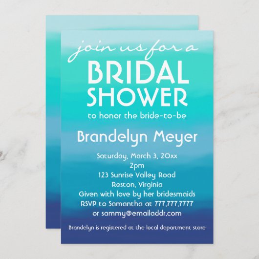 モダンなティール(緑がかった色)の青い海のブライダルシャワー招待状 招待状 (正面/裏面)