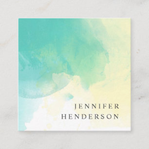 モダンなティール（緑がかった色）の黄色の水彩画の（ばちゃばちゃ）跳ねるのしぶき スクエア名刺