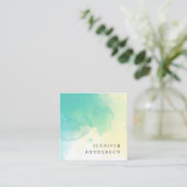 モダンなティール（緑がかった色）の黄色の水彩画の（ばちゃばちゃ）跳ねるのしぶき スクエア名刺 (スタンド正面)