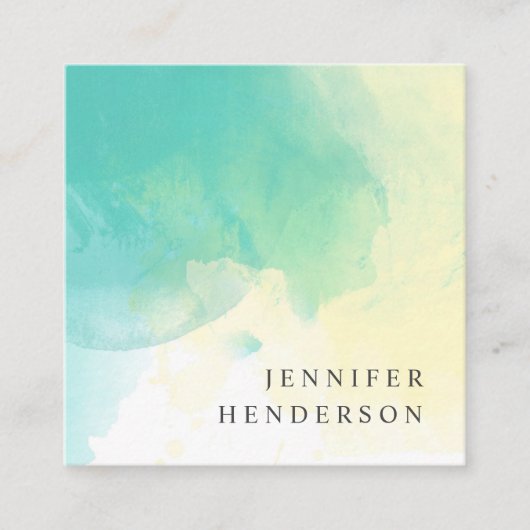 モダンなティール（緑がかった色）の黄色の水彩画の（ばちゃばちゃ）跳ねるのしぶき スクエア名刺 (正面)