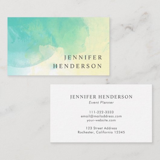 モダンなティール（緑がかった色）の黄色の水彩画の（ばちゃばちゃ）跳ねるのしぶき 名刺 (正面/裏面)