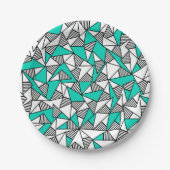 モダンなティール(緑がかった色)、黒、及び白くストライプのな三角形 ペーパープレート (正面)