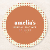 モダンなテラコッタドットの結婚前のお祝いカスタム ラウンドペーパーコースター (正面)