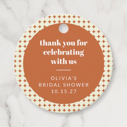 モダンなテラコッタドット ブライダルシャワー カスタム サンクス フェイバータグ (正面)
