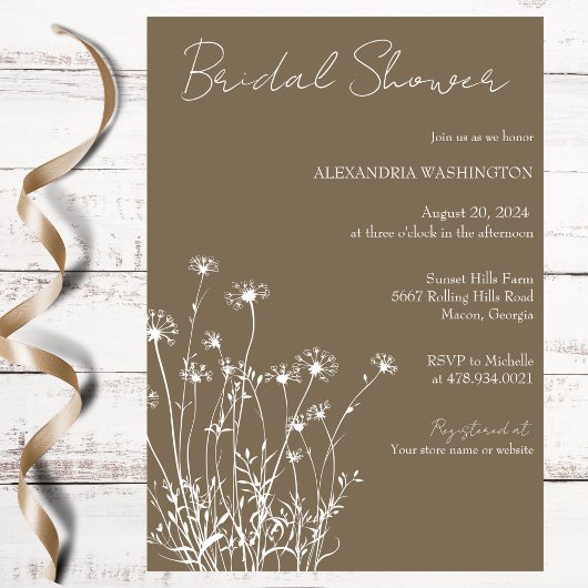 モダンなテープ＆ホワイト ワイルドフラワー ブライダルシャワー 招待状