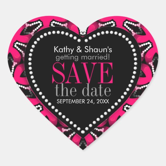 モダンなデザインのハート型ステッカー - ブラックにホットピンクの特別なイベントのお知らせ ハートシール (正面)