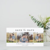 モダンなデザインの結婚式延期案内状 3枚の写真付き セーブザデート (スタンド正面)