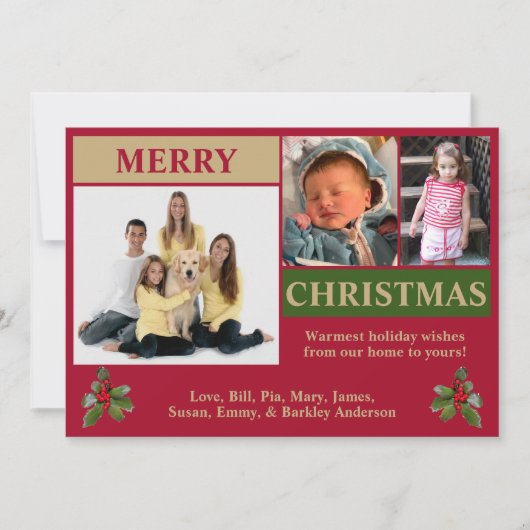 モダンなデザインの3枚写真クリスマスカード（赤, 金, 緑） シーズンカード (正面)