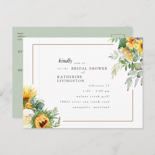モダンなトスカーナのひまわりが咲く ブライダルシャワー インビテーションポストカード (正面/裏面)