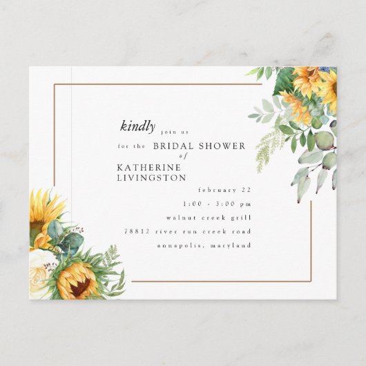 モダンなトスカーナのひまわりが咲く ブライダルシャワー インビテーションポストカード (正面)