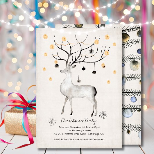 モダンなトナカイのオーナメントを使ったクリスマスパーティー 招待状