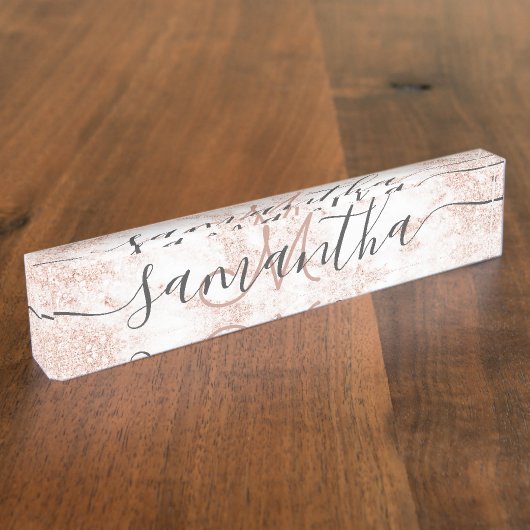 モダンなトレンディーのばら色の金ゴールドのグリッターの大理石のモノグラム デスクネームプレート (側面)