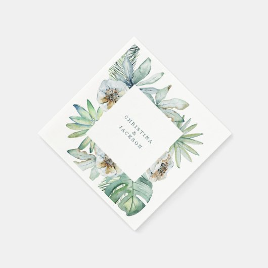 モダンなトロピカルグリーンのフォリアージウェディングオーダー スタンダードカクテルナプキン (角)