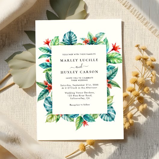 モダンなトロピカルグリーンフレームのサマーウェディング 招待状