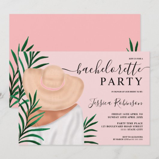 モダンなトロピカルファッションイラストのハネムーン 招待状 (正面/裏面)