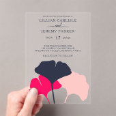 モダンなネイビーとピンクのイチョウの葉の結婚式 アクリル招待状 (インサイチュ (ポータブル))