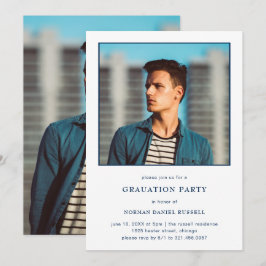 モダンなネイビーブルーと白の写真 卒業パーティー 招待状