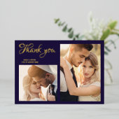 モダンなネイビーブルーの結婚式の写真を使った箔押しの感謝カード 箔招待状 (立ち正面)