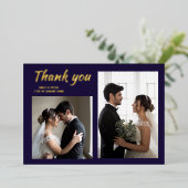 モダンなネイビーブルーの結婚式の箔押し写真サンクスカード 箔招待状 (立ち正面)