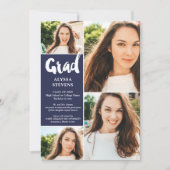 モダンなネイビーブルーのGradスクリプト4枚の写真 卒業 招待状 (正面)