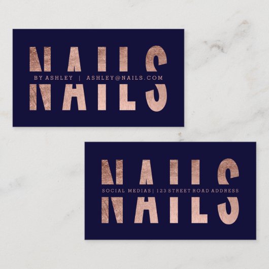 モダンなネイルによって切り取られるばら色の金ゴールドのタイポグラフィ海軍 名刺 (正面/裏面)
