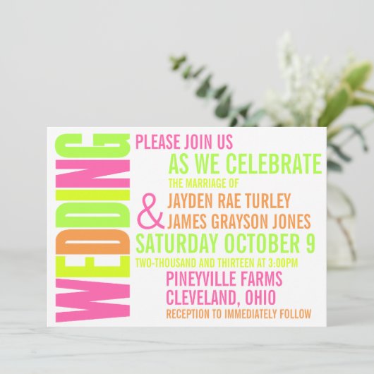 モダンなネオンBrightsのブロックプリントの結婚式招待状 招待状 (スタンド正面)
