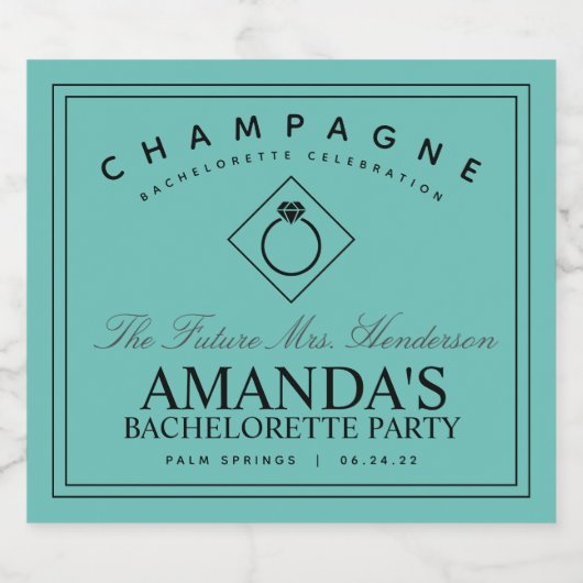 モダンなハネムーン パーティー ティール スパークリング ワイン ラベル (シングルラベル)