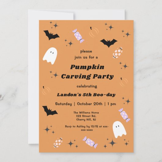 モダンなハロウィンのかぼちゃ彫りパーティー誕生日 招待状 (正面)