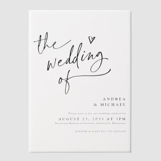 モダンなハートの手書き結婚式 ベラム紙招待状 (正面)