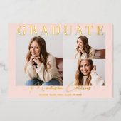 モダンなバラピンク 3枚写真 卒業 ゴールド 箔招待状 (正面)