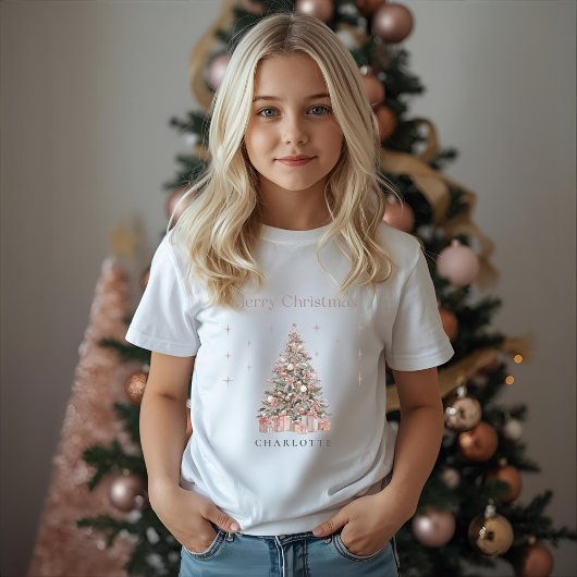 モダンなバラ色のクリスマスツリー - お子様の名前入り  Tシャツ