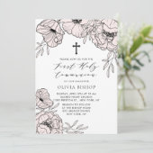 モダンなバラ色の花のファーストホーリーコミュニオン 招待状 (スタンド正面)