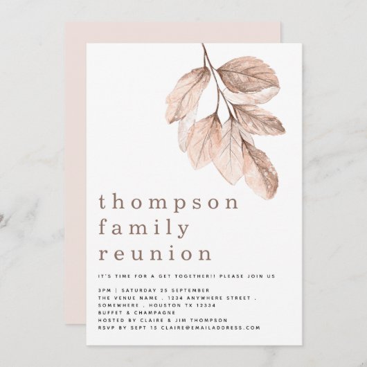 モダンなバラ色の葉が家族の再会パーティーを飾る 招待状 (正面/裏面)