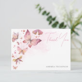 モダンなバラ色の蝶のブライダルシャワー サンキューカード (スタンド正面)