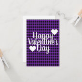 モダンなバレンタインデー ハート 紫 黒 チェック柄 カード (正面/裏面インサイチュ)