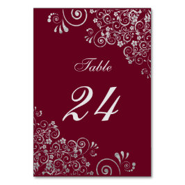 モダンなバーガンディとグレーの花柄の渦巻き テーブルナンバー