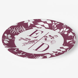モダンなバーガンディイニシャル ウェディング ペーパー プレート