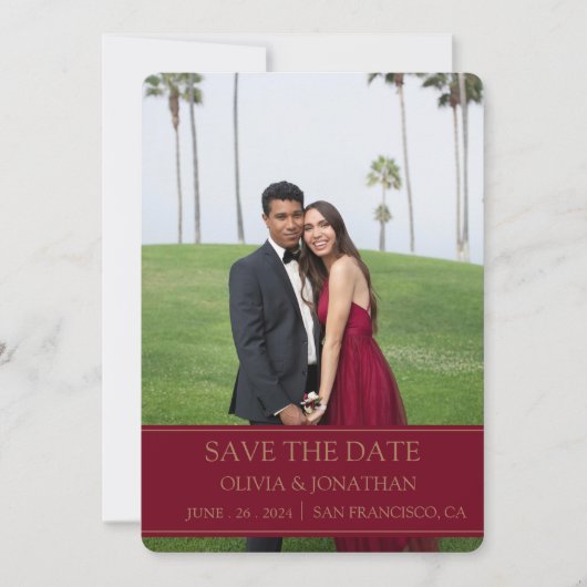 モダンなバーガンディマロン 結婚式の写真 セーブザデート (正面)