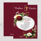 モダンなバーガンディーと緑のロマンチックなウェディング 招待状 (正面/裏面)