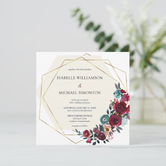 モダンなバーガンディーレッドとピンクのローズフラル 招待状 (スタンド正面)