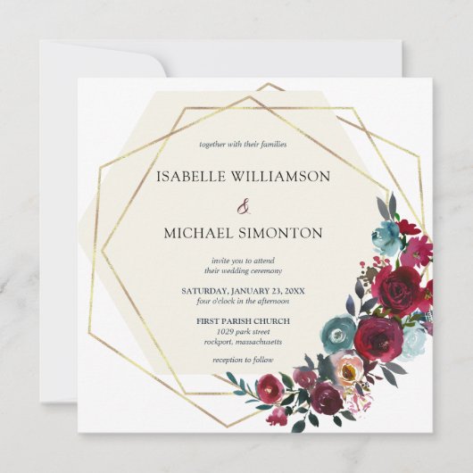 モダンなバーガンディーレッドとピンクのローズフラル 招待状 (正面)