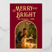 モダンなバーガンディ＆ゴールドのクリスマス写真 箔シーズンカード (正面)