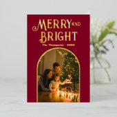 モダンなバーガンディ＆ゴールドのクリスマス写真 箔シーズンカード (立ち正面)