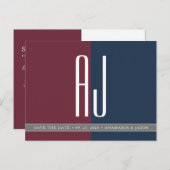 モダンなバーガンディ ネイビーブルー 結婚式 Save The Date 案内ポストカード (正面/裏面)