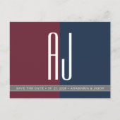 モダンなバーガンディ ネイビーブルー 結婚式 Save The Date 案内ポストカード (正面)