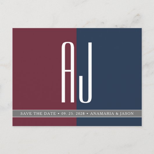 モダンなバーガンディ ネイビーブルー 結婚式 Save The Date 案内ポストカード (正面)