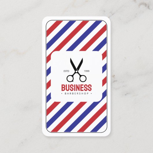 モダンなバーバーショップのヘアバーバーショップ ホワイト ブルー レッド 名刺 (裏面)