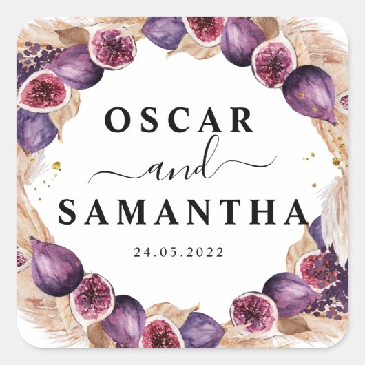 モダンなパンパスと紫のイチジクのビューティーフレーム スクエアシール (正面)