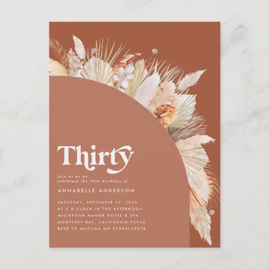 モダンなパンパス草 30歳の誕生日 テラコッタ ポストカード (正面)